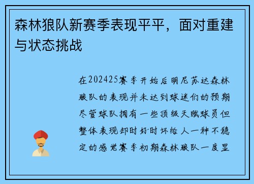 森林狼队新赛季表现平平，面对重建与状态挑战